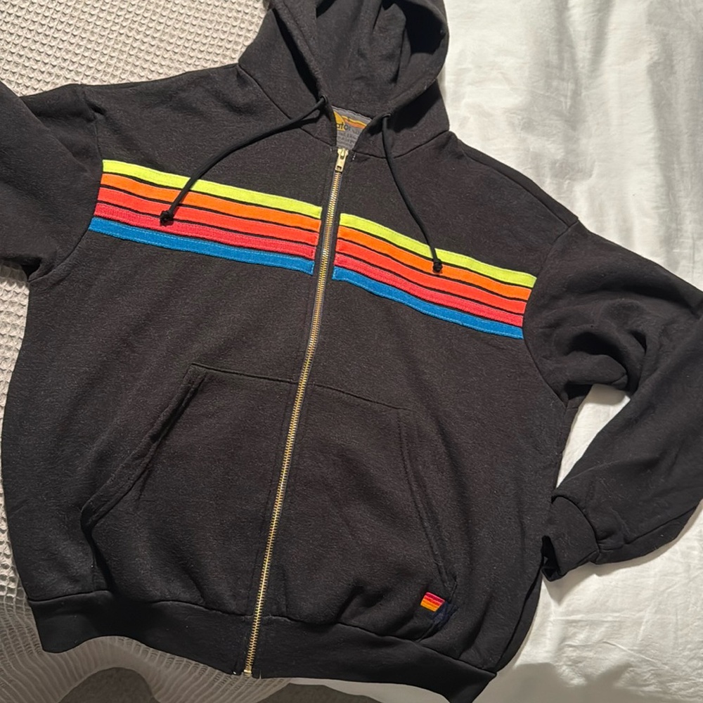 Aviator Nation Women’s 5-striped relaxed hoodie/ size SMALL- black/neon rainbow